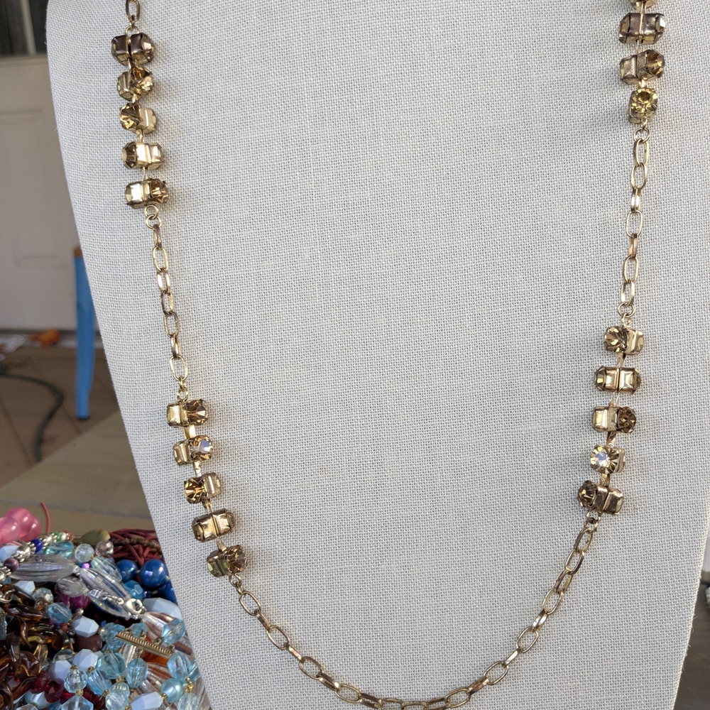 2 Vintage Gold Tone Layered Necklaces Champagne Glass Crystal Square Link Set - Picture 7 of 12